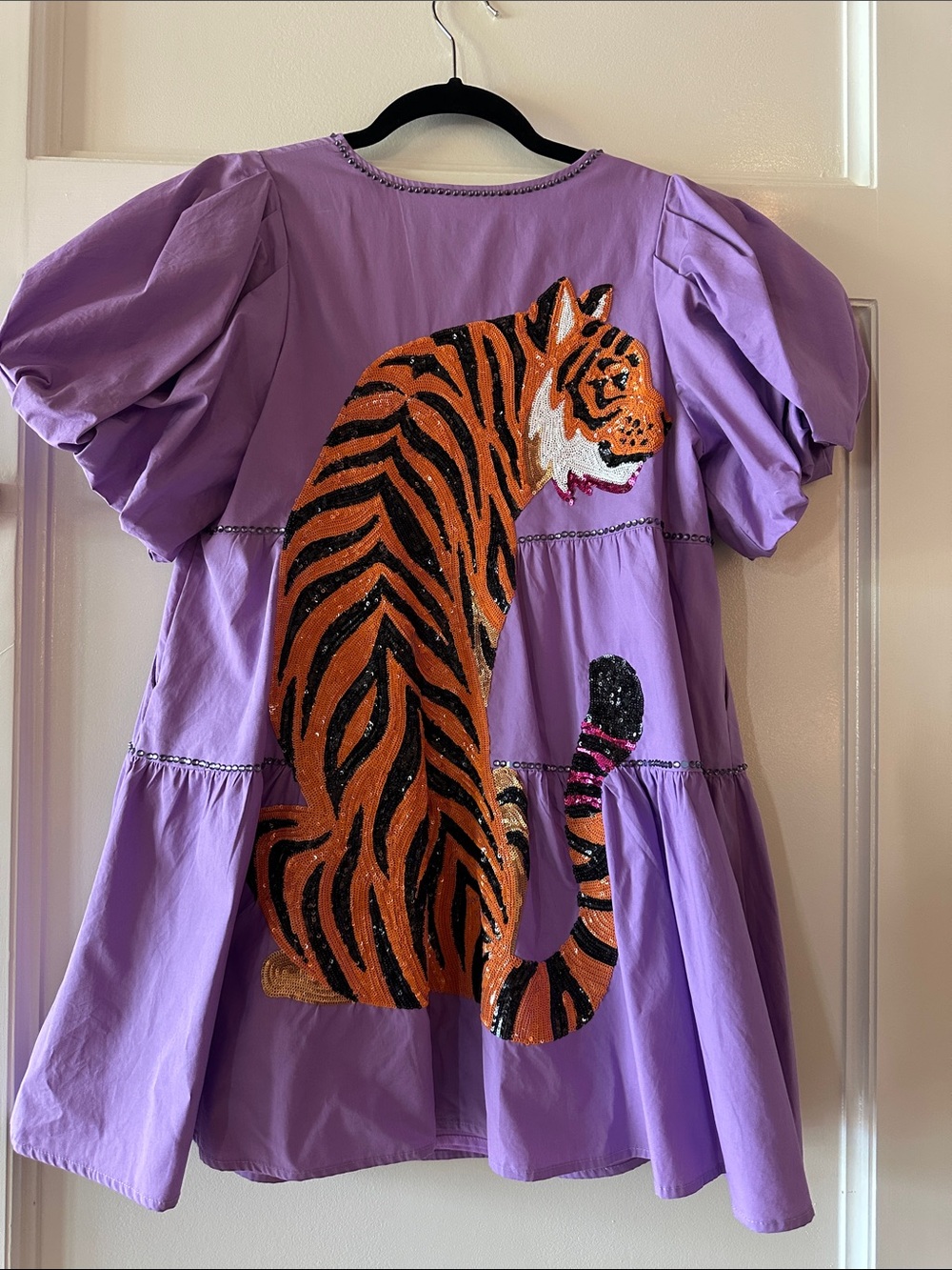 QUEEN OF SPARKLES Lavender Mini Dress with Sequin Tiger Motif
